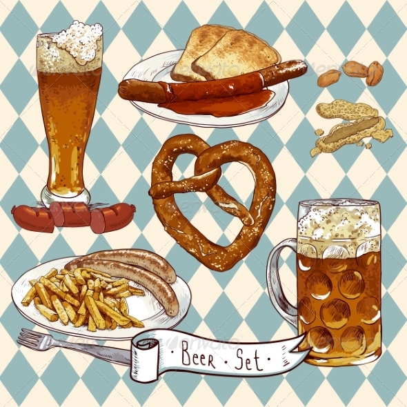 GraphicRiver Beer Set with Beer Glasses Pretzel and Sausages 8193125 GraphicRiver Beer Set with Beer Glasses Pretzel and Sausages 8193125