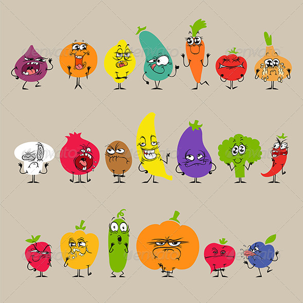 Cartoon Fruits and Vegetables with Expressions