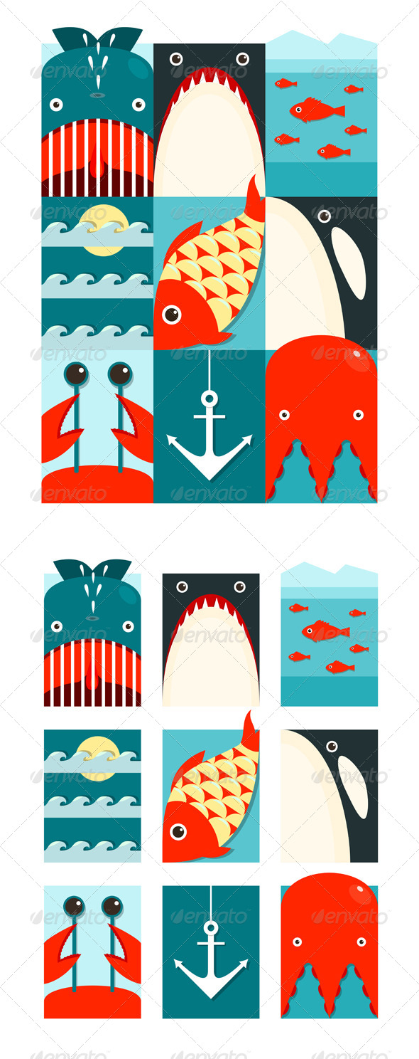 GraphicRiver Flat Sea and Fish Rectangular Nautical Set 8205862 GraphicRiver Flat Sea and Fish Rectangular Nautical Set 8205862