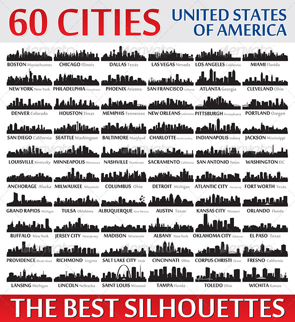 Silhouettes Set o 60 USA Cities Silhouettes Set o 60 USA Cities