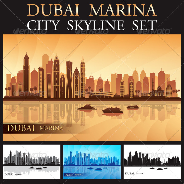 GraphicRiver Dubai Marina City skyline Silhouettes Set 8219097 GraphicRiver Dubai Marina City skyline Silhouettes Set 8219097