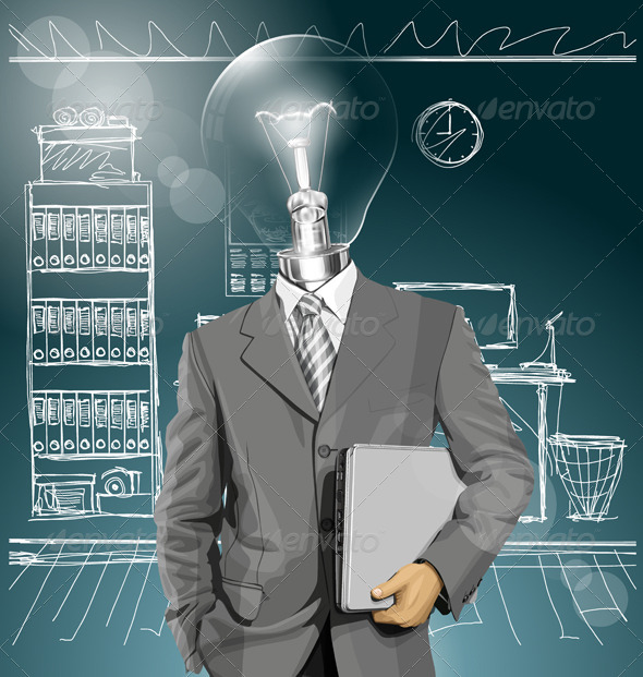GraphicRiver Lamp Head Businessman with Laptop 8255819 GraphicRiver Lamp Head Businessman with Laptop 8255819