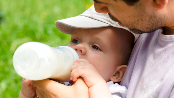 Dad Feeding His Baby From The Bottle Outdoor Dad Feeding His Baby From The Bottle Outdoor