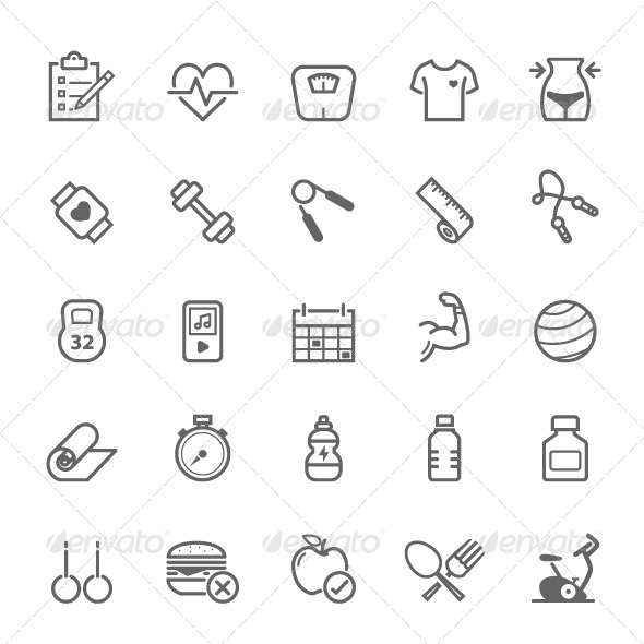  25 Outline Stroke Fitness Icons (Objects)