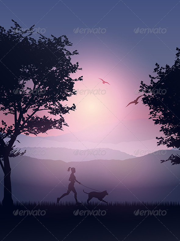 Female Jogging in the Countryside with her Dog (People)