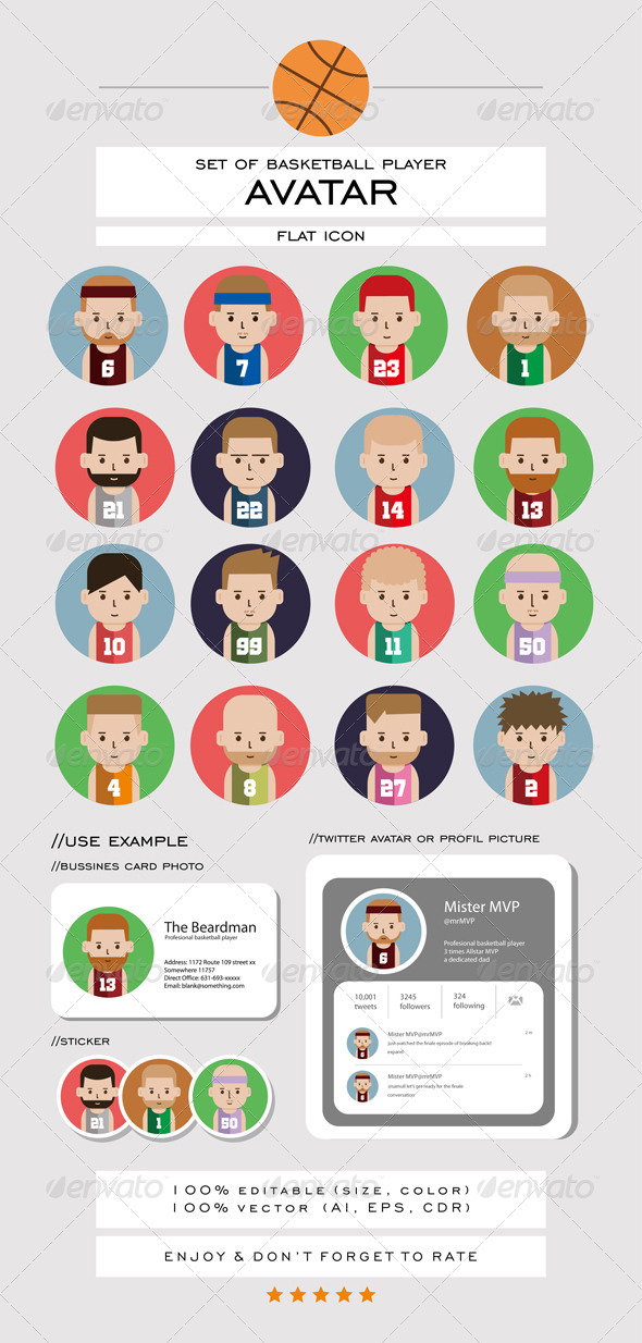 Set of Basketball Player Avatar Flat Icons Set of Basketball Player Avatar Flat Icons
