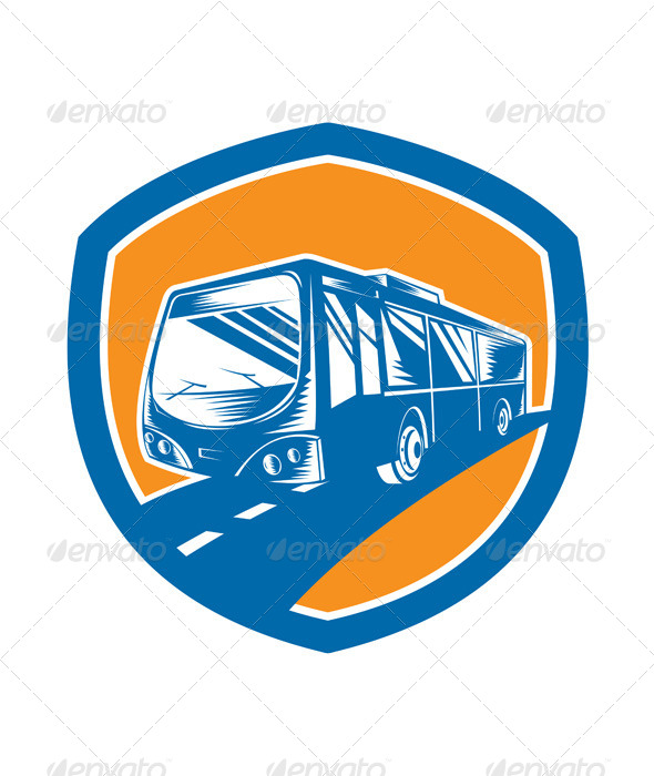 GraphicRiver Tourist Coach Shuttle Bus Shield Woodcut 8319137 GraphicRiver Tourist Coach Shuttle Bus Shield Woodcut 8319137