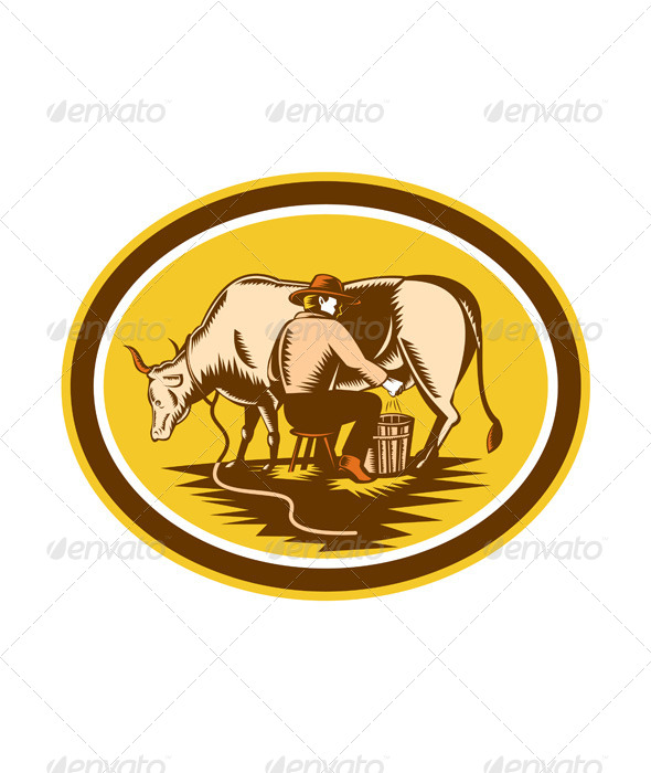 GraphicRiver Farmer Milking Cow Oval Woodcut 8319149 GraphicRiver Farmer Milking Cow Oval Woodcut 8319149