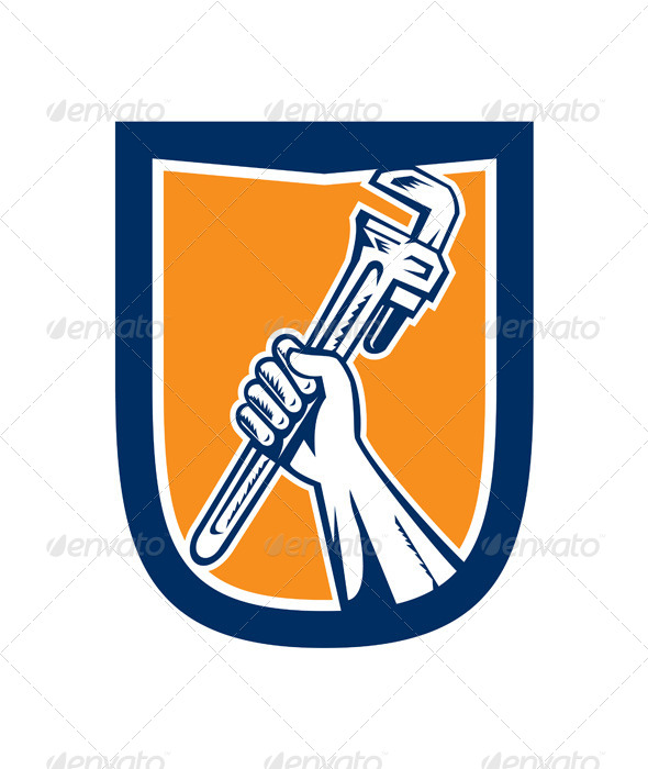 GraphicRiver Hand Holding Wrench Shield Woodcut 8319182 GraphicRiver Hand Holding Wrench Shield Woodcut 8319182