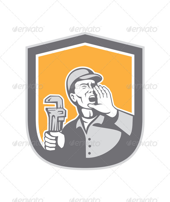 GraphicRiver Plumber Shouting Holding Wrench Retro Shield 8319210 GraphicRiver Plumber Shouting Holding Wrench Retro Shield 8319210