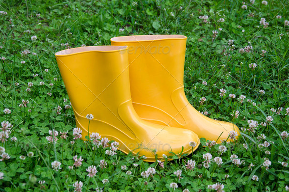 pair rain rubber yellow boots on grass