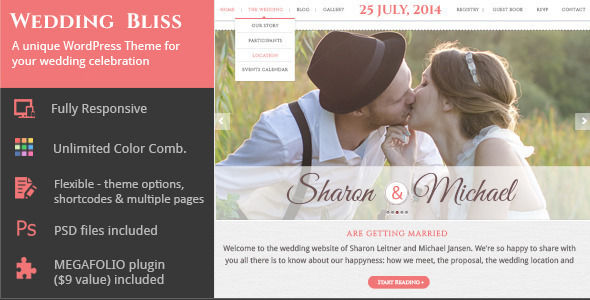 Wedding Bliss Wedding Bliss is a unique WordPress Theme built on the Bootstrap 3.0 framework. Features: responsive WordPress Theme build with Bootstrap 3.0 Them