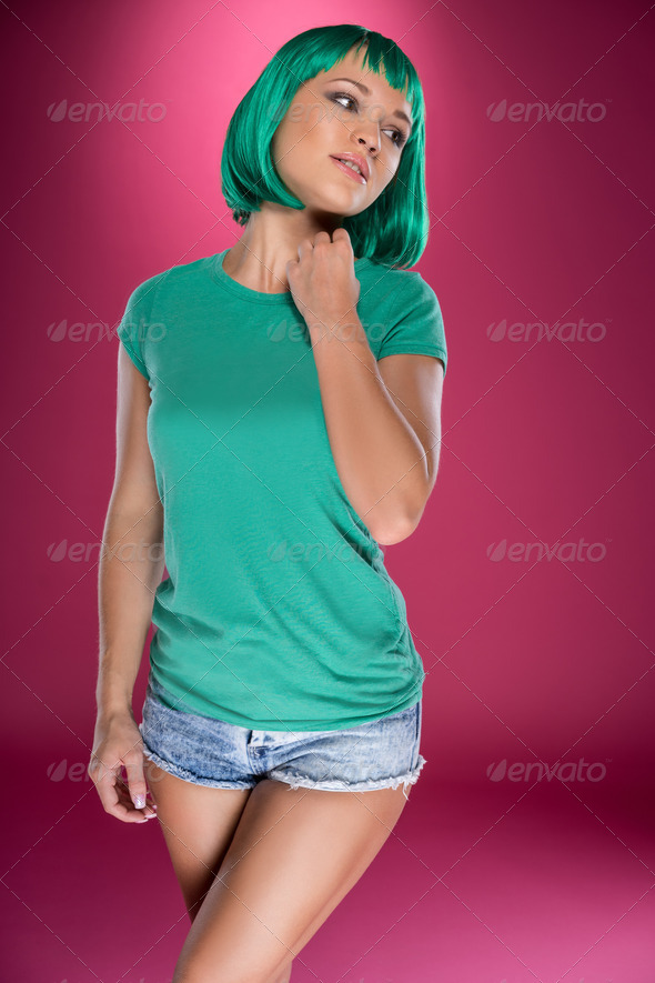 Beautiful slender woman with turquoise hair