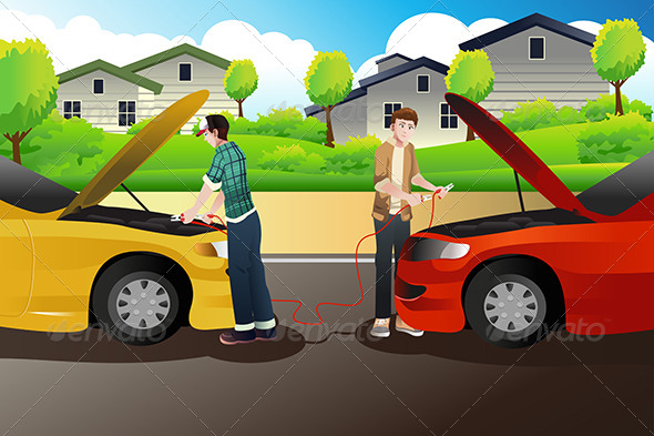 Stock Vector - GraphicRiver Two People Trying to Jump Start a Car