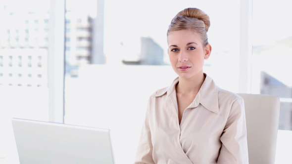 Smiling Blonde Businesswoman Using Laptop Smiling Blonde Businesswoman Using Laptop