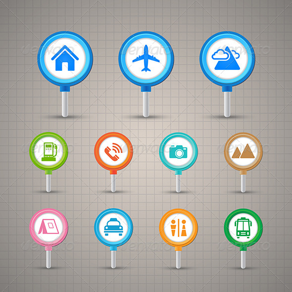 Map Pins with Transportation Icons Set Map Pins with Transportation Icons Set