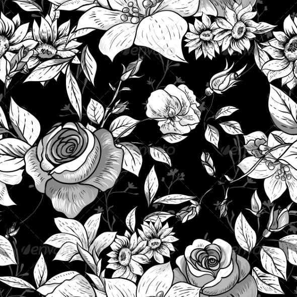 Seamless Monochrome Floral Rose Background (Patterns)