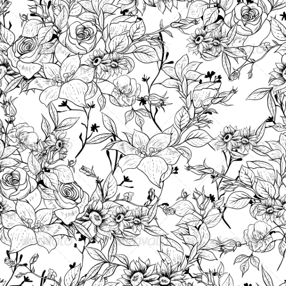 Seamless Monochrome Floral Rose Background (Patterns)