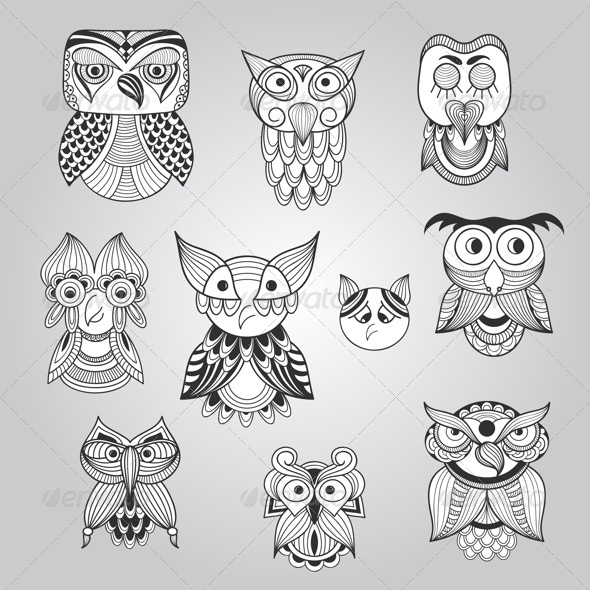 Set of 10 Doodle Owls (Animals)