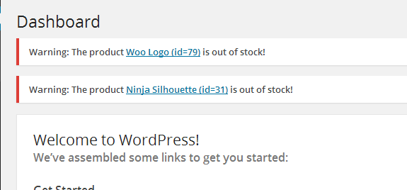 Out of stock warning in the administration area