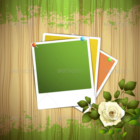 GraphicRiver Wood Background with Photos and White Rose 8391690 GraphicRiver Wood Background with Photos and White Rose 8391690