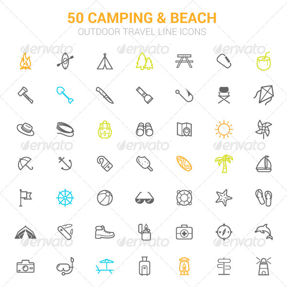 50 Outline Stroke Beach and Camping Icons 50 Outline Stroke Beach and Camping Icons