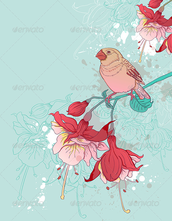 GraphicRiver Red Flowers and Bird 8422998 GraphicRiver Red Flowers and Bird 8422998