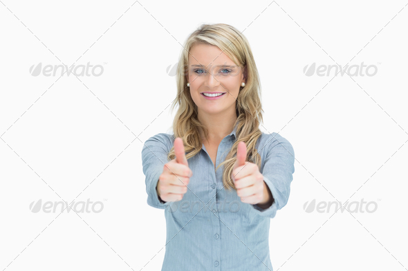 Blonde woman doing thumbs up (Misc) Photo Download