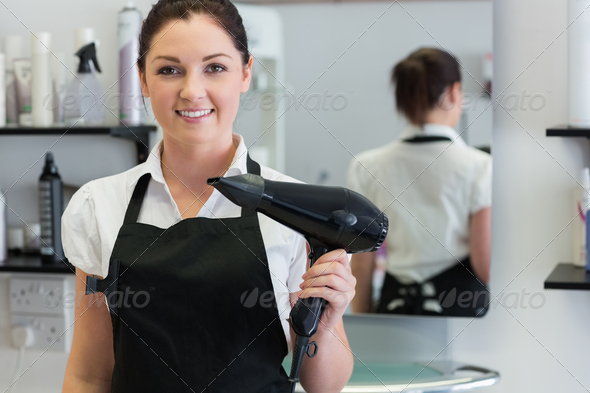 Portrait of female hairdresser holding hair dryer (Misc) Photo Download