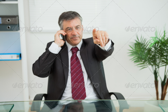 Businessman phoning and pointing at his desk in his office (Misc) Photo Download