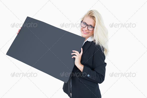 Portrait of business woman holding empty banner over white background (Misc) Photo Download