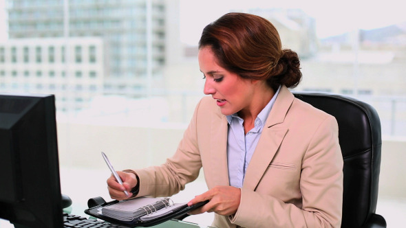 Concentrated Attractive Businesswoman Fill Diary Concentrated Attractive Businesswoman Fill Diary