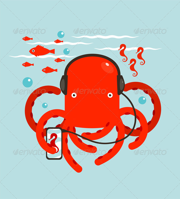 GraphicRiver Red Octopus Listening to Smartphone Music 8429957 GraphicRiver Red Octopus Listening to Smartphone Music 8429957
