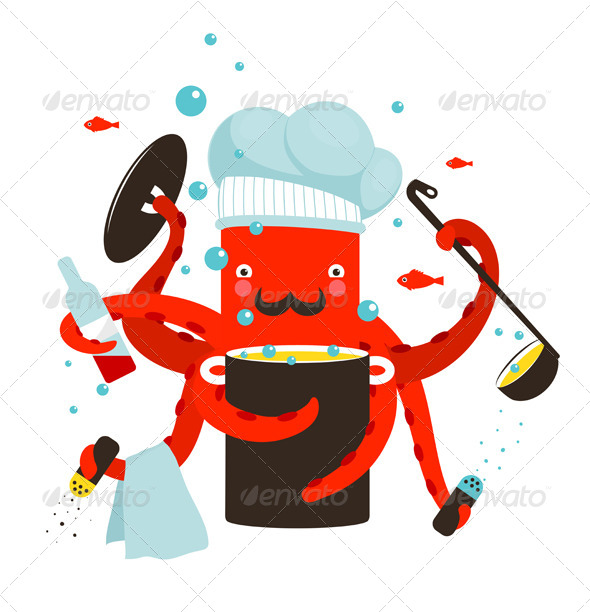 GraphicRiver Red Octopus Chef Cooking Food 8429979 GraphicRiver Red Octopus Chef Cooking Food 8429979