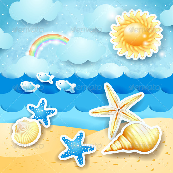 GraphicRiver Seascape with Sun and Seashells 8433542 GraphicRiver Seascape with Sun and Seashells 8433542