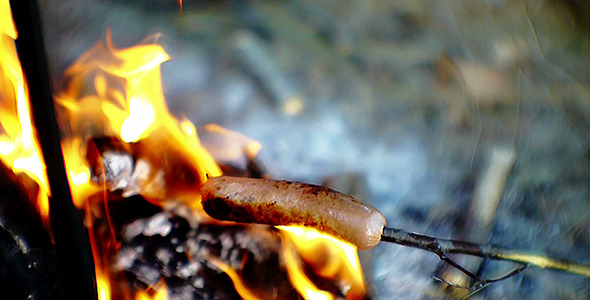 Cooking Sausage On Summer Bonfire Cooking Sausage On Summer Bonfire