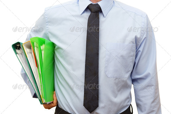 businessman in blue shirt with folders going to the meeting