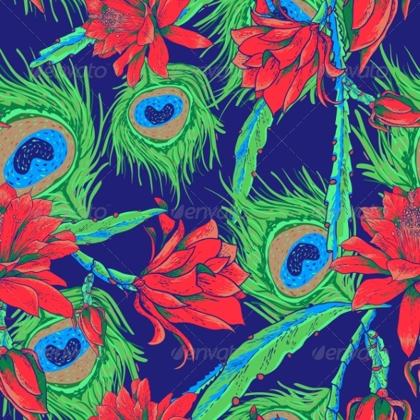 Seamless Pattern with Flowers and Feathers Seamless Pattern with Flowers and Feathers